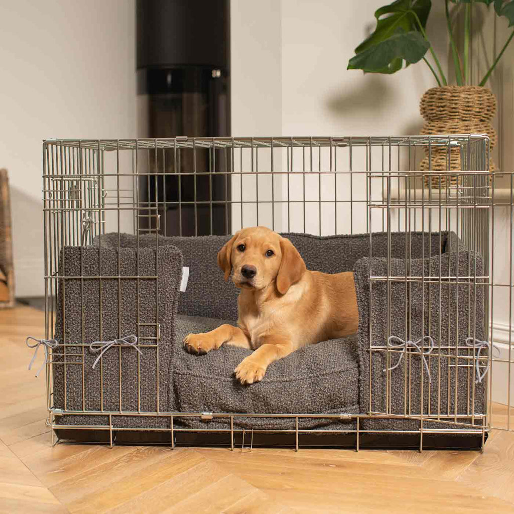 Dog Crate with Cushion & Bumper in Granite Bouclé by Lords & Labradors
