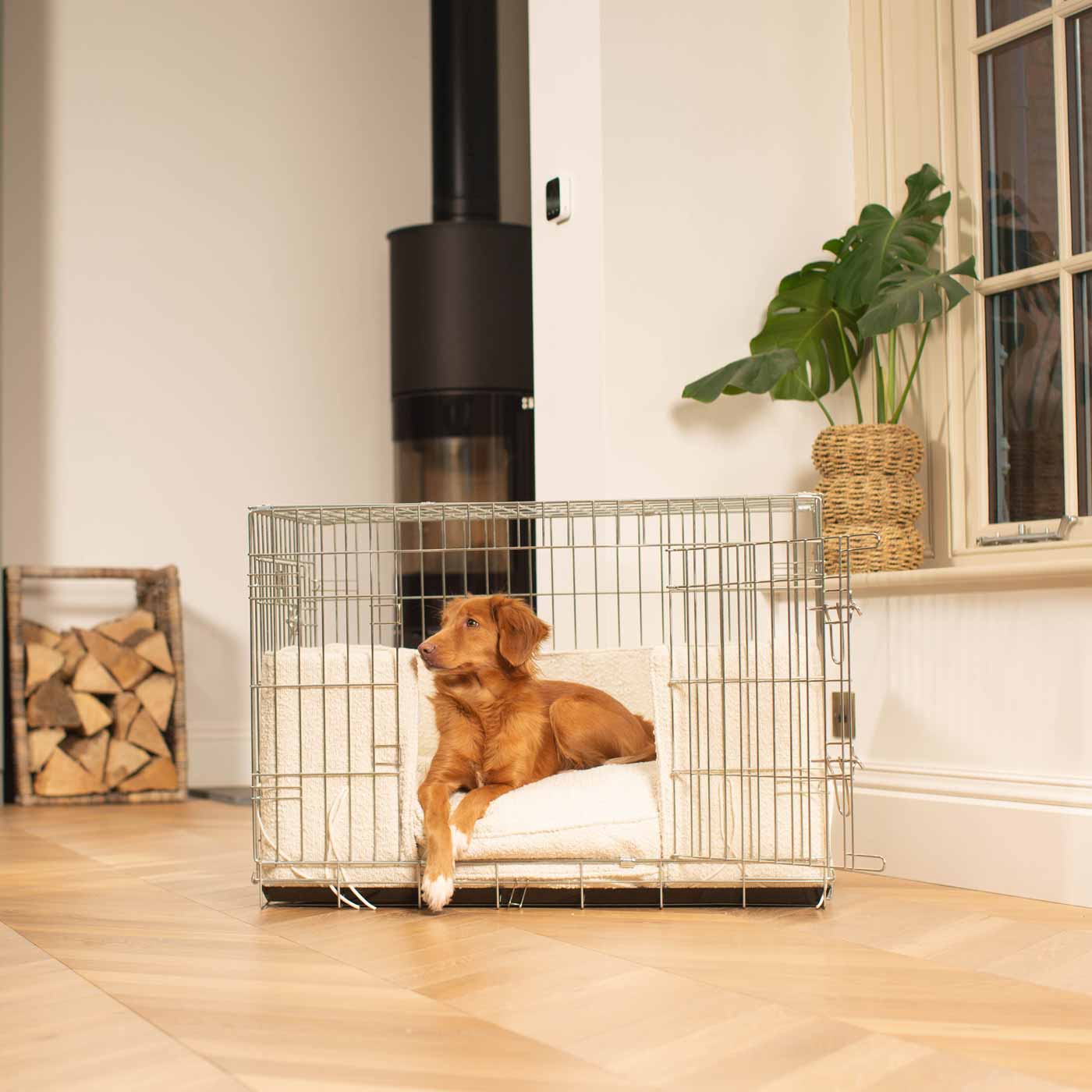 Dog Crate with Cushion & Bumper in Ivory Bouclé by Lords & Labradors