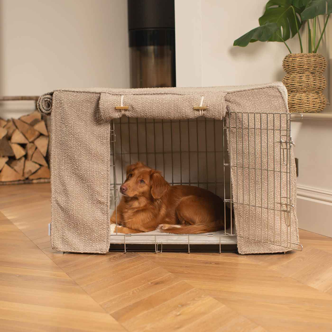 Dog Crate with Crate Cover in Mink Bouclé by Lords & Labradors